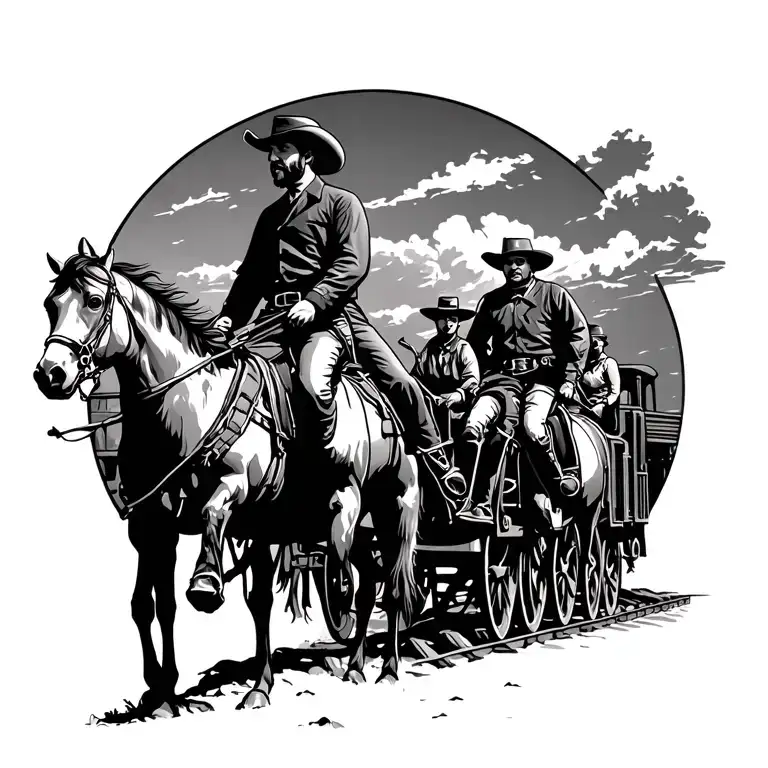 Old Western Scene With People On Horseback Robbing A Train