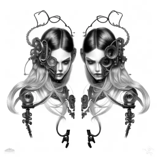 Cyborg Gemini Sisters Hair Tangled Together Conjoined Mischievous Smile Wide Composition
