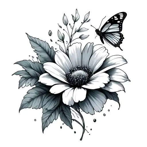 Fine Line Flowy Lines With One Flower And A Butterfly