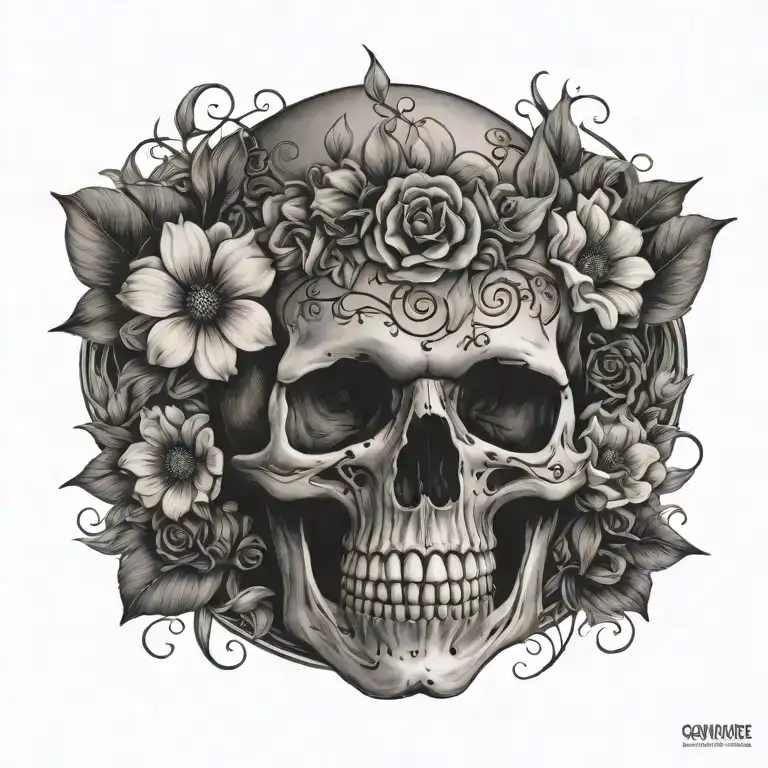 Skull And Flowers Blooming