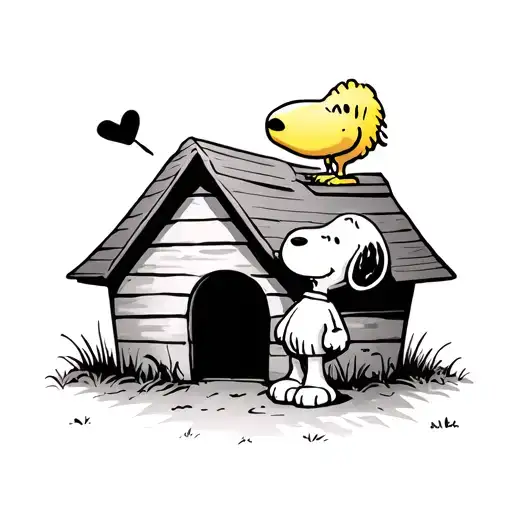 Snoopy Hugging Woodstock Sitting On Hus Doghouse
