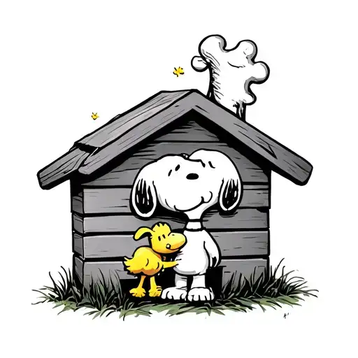 Snoopy Hugging Woodstock Sitting On His Doghouse