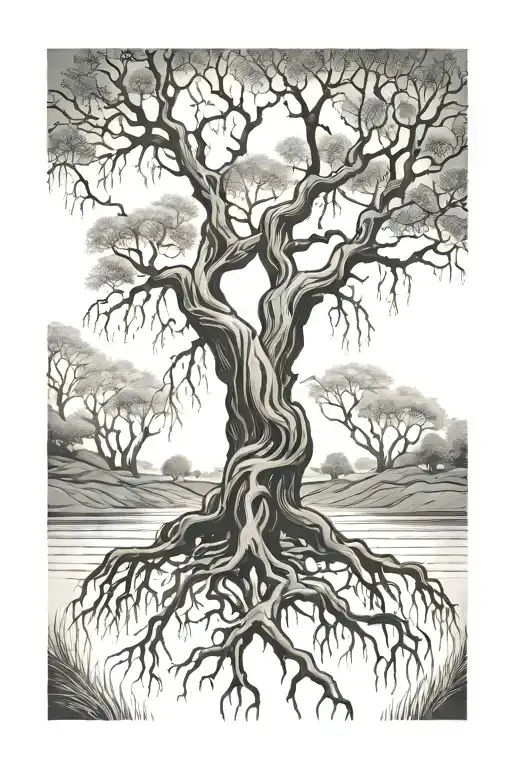 Willow Tree With Roots Reaching Deep