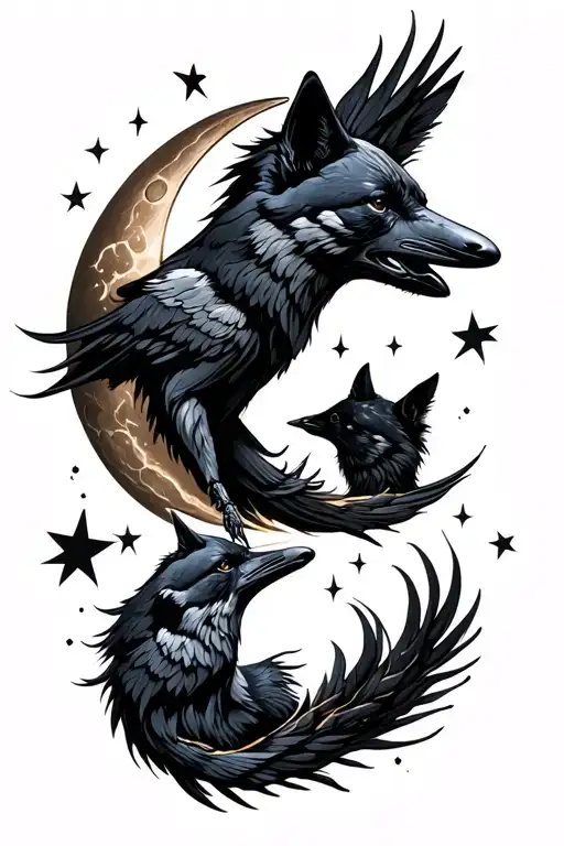 Crows Wolves Crescent Moon Stars