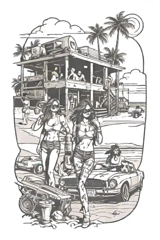 A Beach Scene With Girls Enjoying Drinks And Cars In The Background