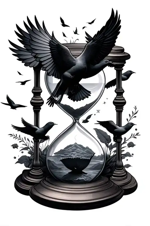 Hourglass With Black Doves Flying Above