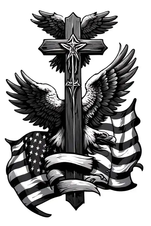 Cross Surrounded By Eagle Wing And American Flag