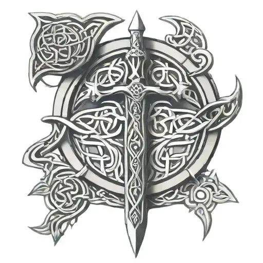 Celtic Sword Through Celtic Shield Knot Design Incorporated With Celtic Family Knot
