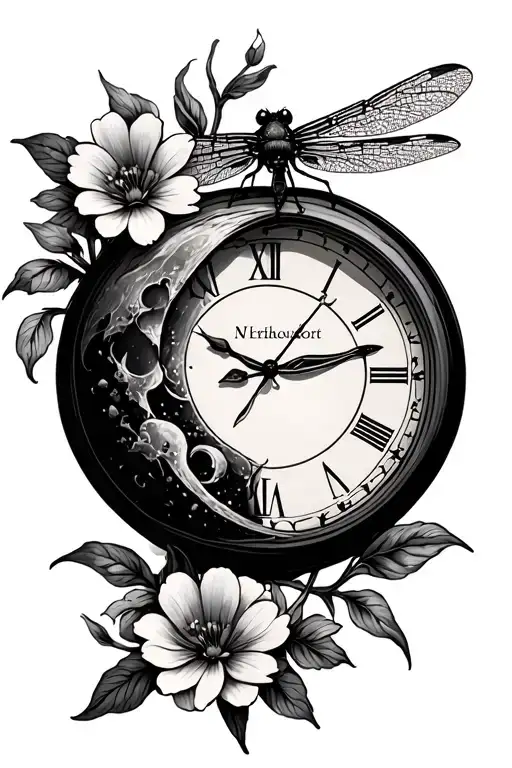 Dragonfly Perched Moon Phase Clock Flowers Growing