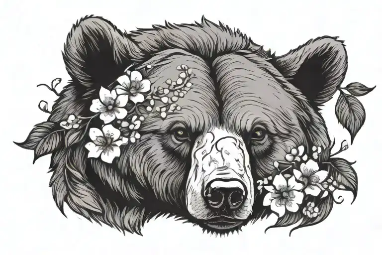 Bear Head With Cherry Blossom Flowers Growing