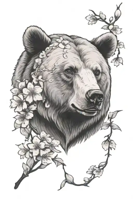 Bear Head With Cherry Blossom Flowers Growing