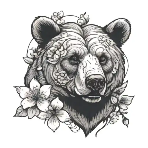 Bear Head With Cherry Blossom Flowers Growing