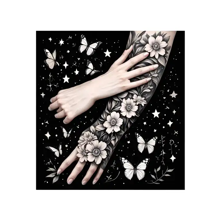 Lower Inside Forearm Tattoo With Stars Flowers And Butterflies