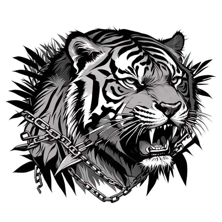 Black And Grey Realism Angry Tiger Face Full Back With Broken Chains And Jungle Background