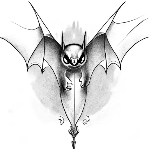 Design A Black-grey Tattoo Of A Bat With A Dagger As Its Body Tattoo