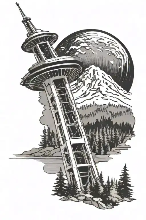 Space Needle Pointing Towards Mt Rainier With Trees