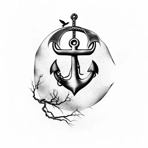 Anchor With Broken Watch And Black Tree With Birds Comming Out