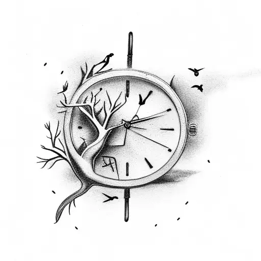 Broken Watch Anchor And Black Tree With Birds Comming Out
