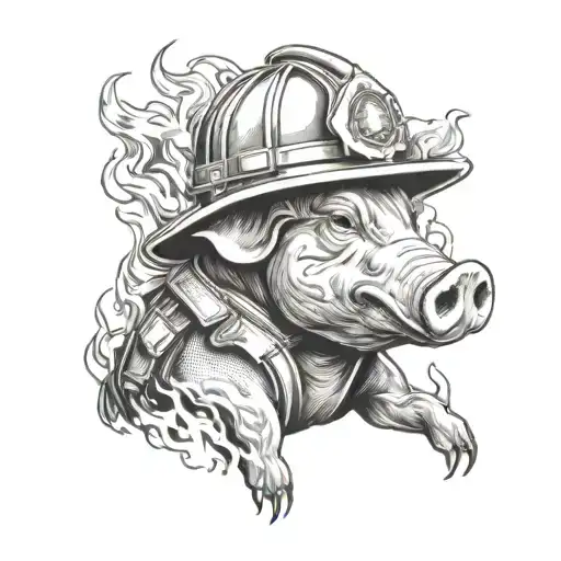 Firefighter Pig Wearing Helmet Engulfed In Flames