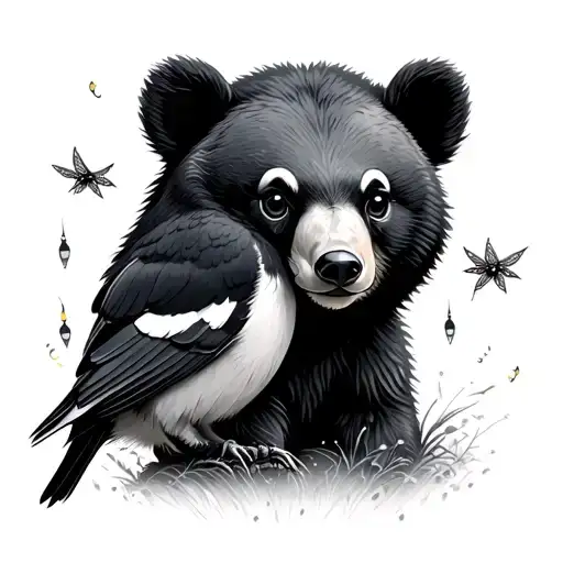 Magpie Bird Looking Over A Bearcub Surrounded By Fireflies
