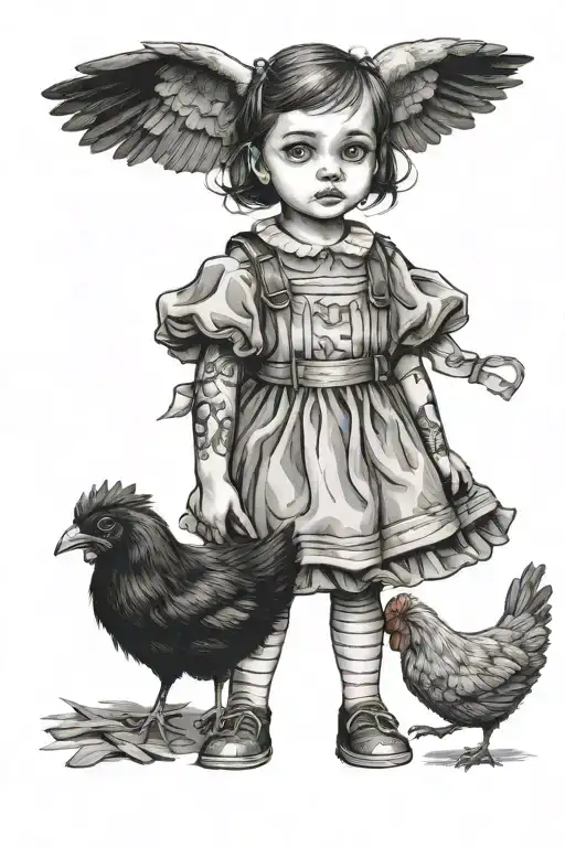 Little Girl With Big Eyes Standing Next To A Chicken