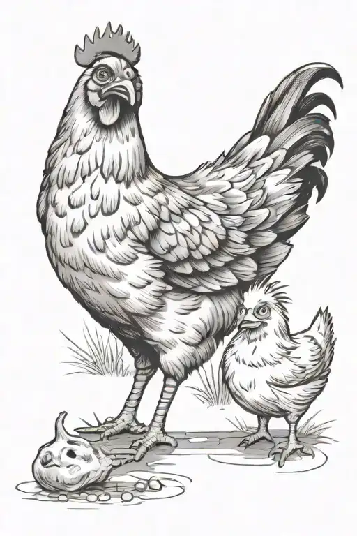 Little Girl With Big Eyes Standing Next To A Chicken