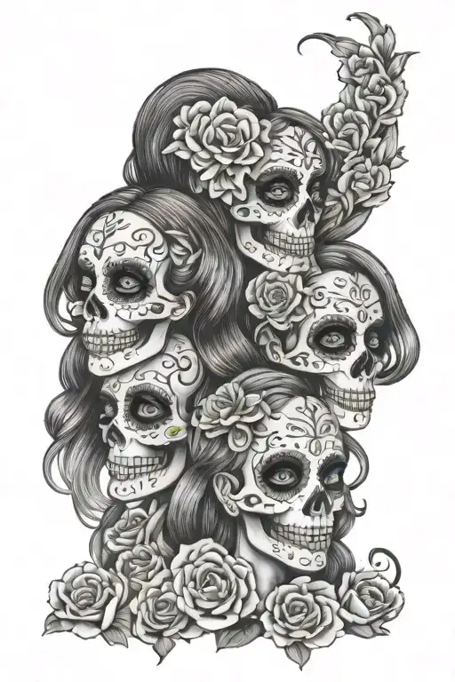 Back Peice - 3 Women Sugar Skulls See No Evil Hear No Evil Speak No Evil