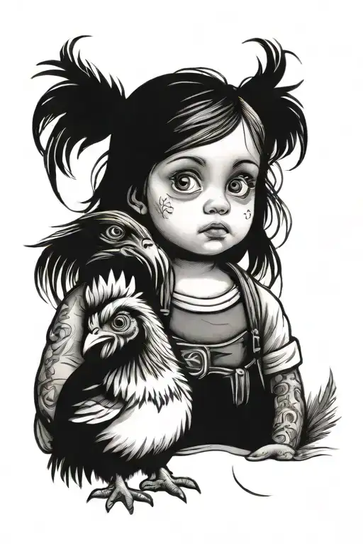 Little Girl With Big Eyes Standing Next To A Chicken