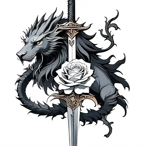 Dragon Lion Rose Sword Intertwined
