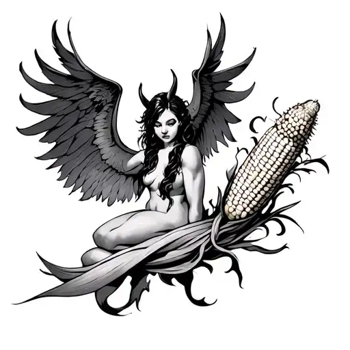 Demon With Corn And Fly With Her Wings Flying