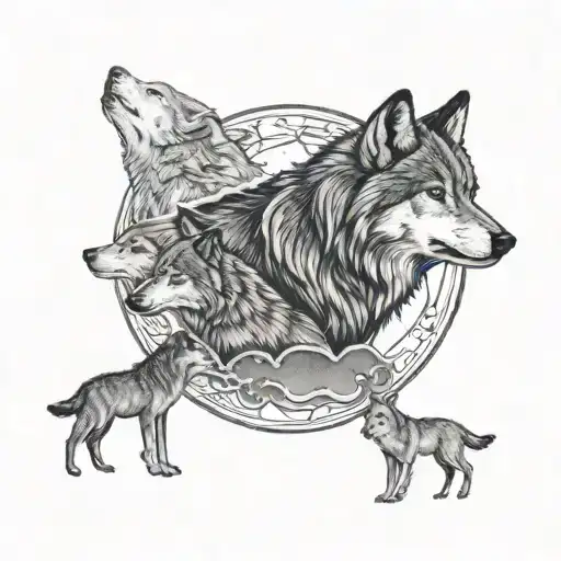 3 Small Wolves And 2 Big Ones Above And The Full Moon