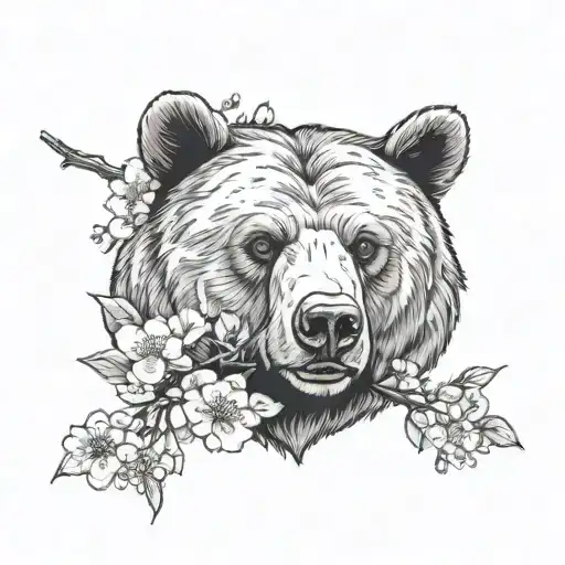 Bear Head And Cherry Blossom Branch