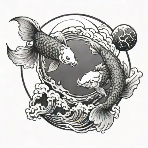Yin And Yang Koi Fish Surrounded By Mountains With The Moon