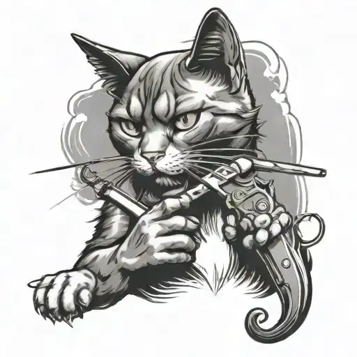 Smoking Cat With A Penknife In Its Paw