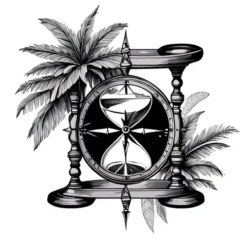Hourglass And Compass With Paradise Background Symbolizing Patience
