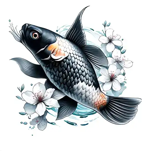 Koi Fish With Water Surrounding It And Cherry Blossom Flowers
