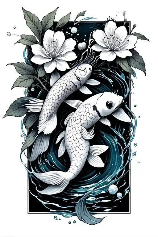 Koi Fish With Water Surrounding It And Cherry Blossom Flowers Traditional Japanese