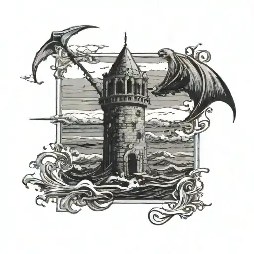 The Tower Tarot Card In The Stormy Sea With Grim Reaper