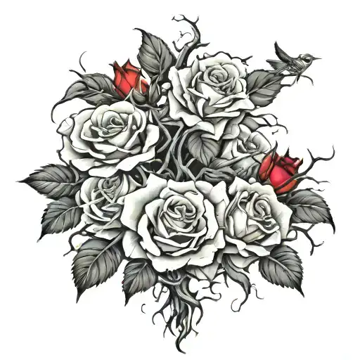 Poison Tree With Wilted Roses And Thorns Theres Birds Swarming Nearby With Red Blood On The Roses