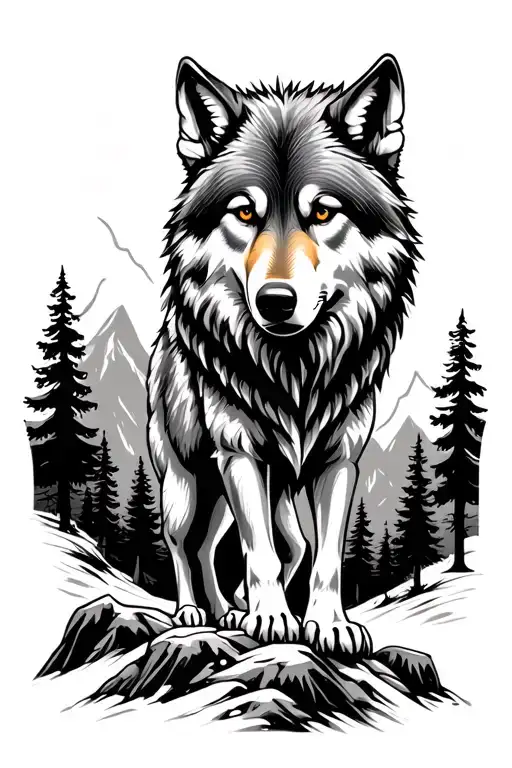 Lone Wolf Standing On Mountains With Forest Trees