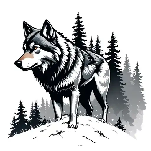 Lone Wolf Standing On Mountains With Forest Trees