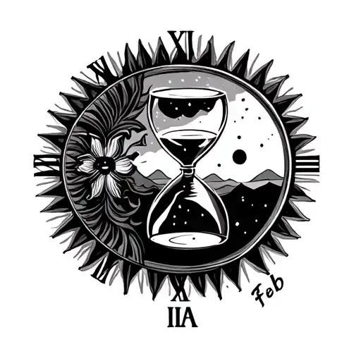 Create A Tattoo With An Hour Glass The Date Feb 19 In Roman Numerals And The Sun