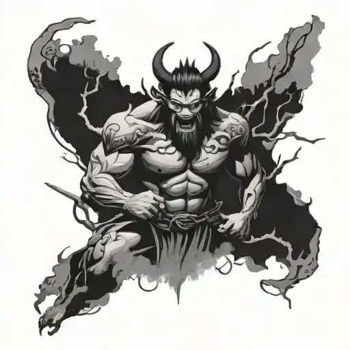 A Menacing Oni Warrior Emerging From A Dark Forest During A Thunderstorm