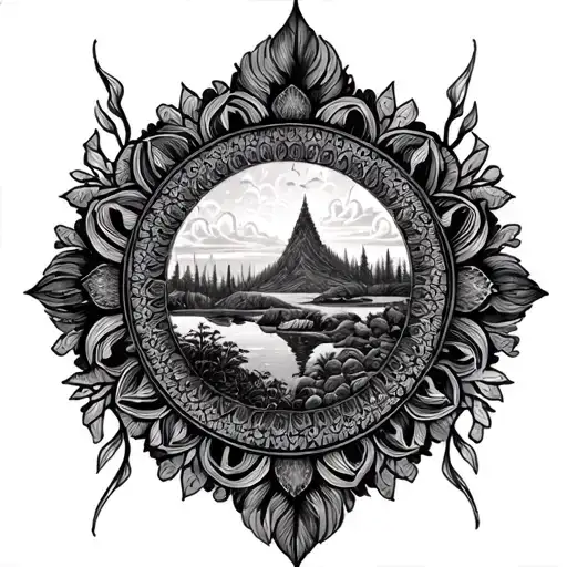 Symmetrical Mandala Design Incorporating Elements Of Nature Scene In The Middle