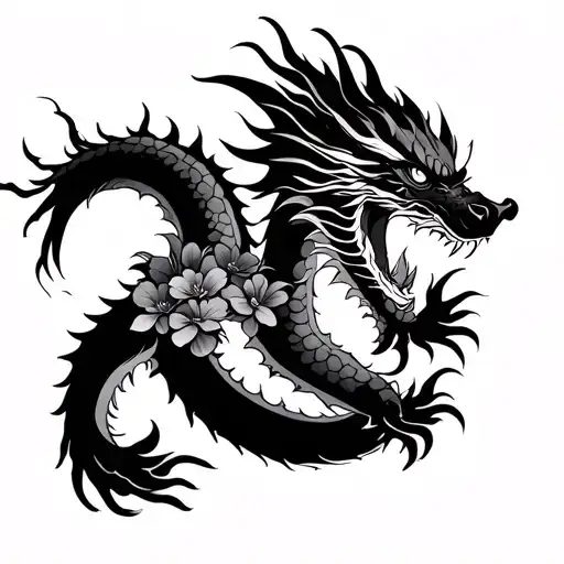 Japanese Dragon With Sakura Flowers