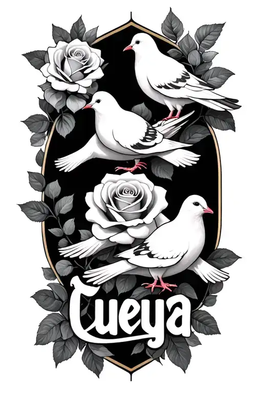 Roses And White Pigeons Around The Name Sureya