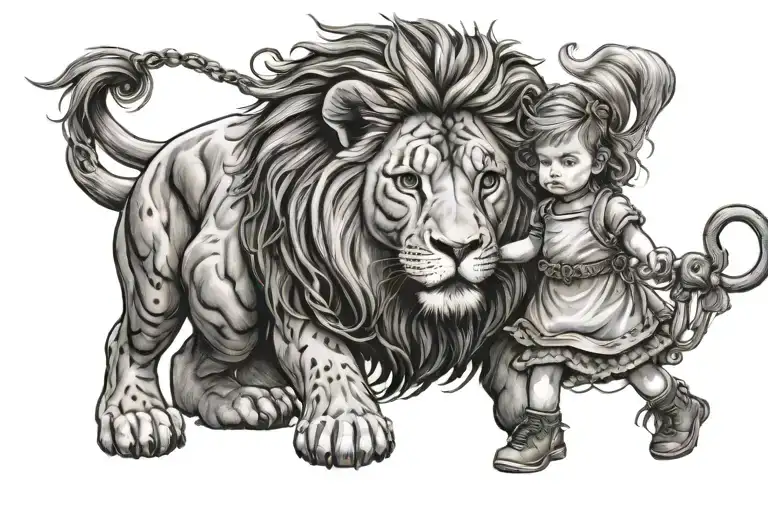 Little Girl Behaves On A Lion's Leash