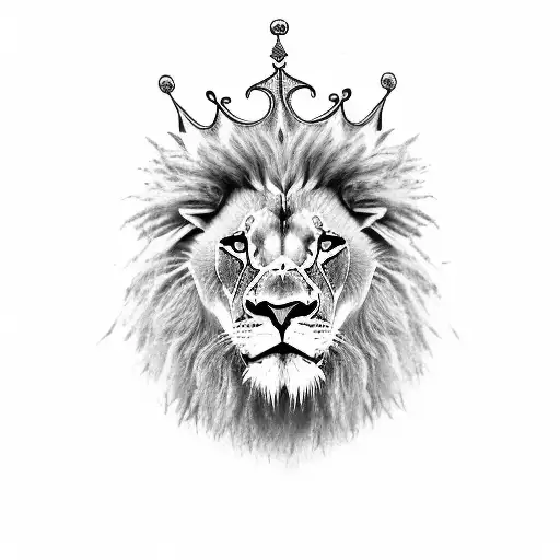 A Monocromatic Realistic Image Of The Head Of A Lion Wearing A Crown Seeing Slighty From The Side