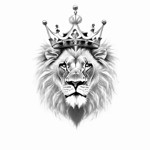 A Monocromatic Realistic Image Of The Head Of A Lion Wearing A Crown Seeing Slighty From The Side