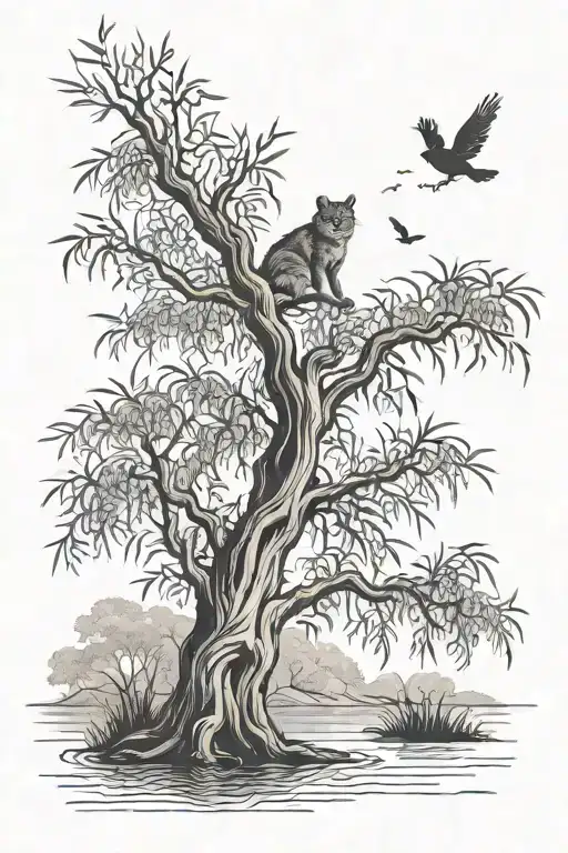 Weeping Willow Tree With A Cat Sitting At It's Foot